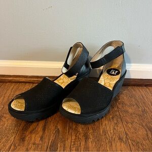 FLY London Black Yula Wedge Sandals Size 40